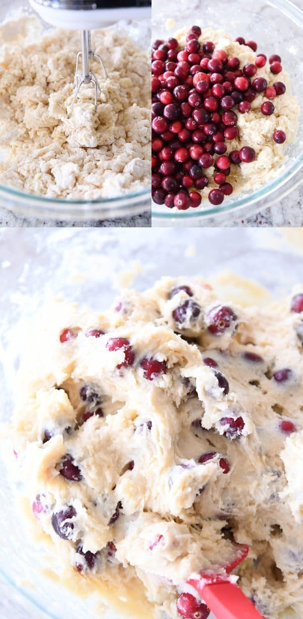 Bowl with coffee cake batter, cranberries with batter, mixed cranberry coffee cake batter.