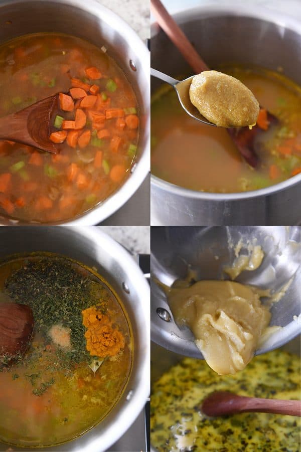 Vegetables and broth in pot, adding chicken bouillon to pot, adding spices to pit, adding roux to pot.