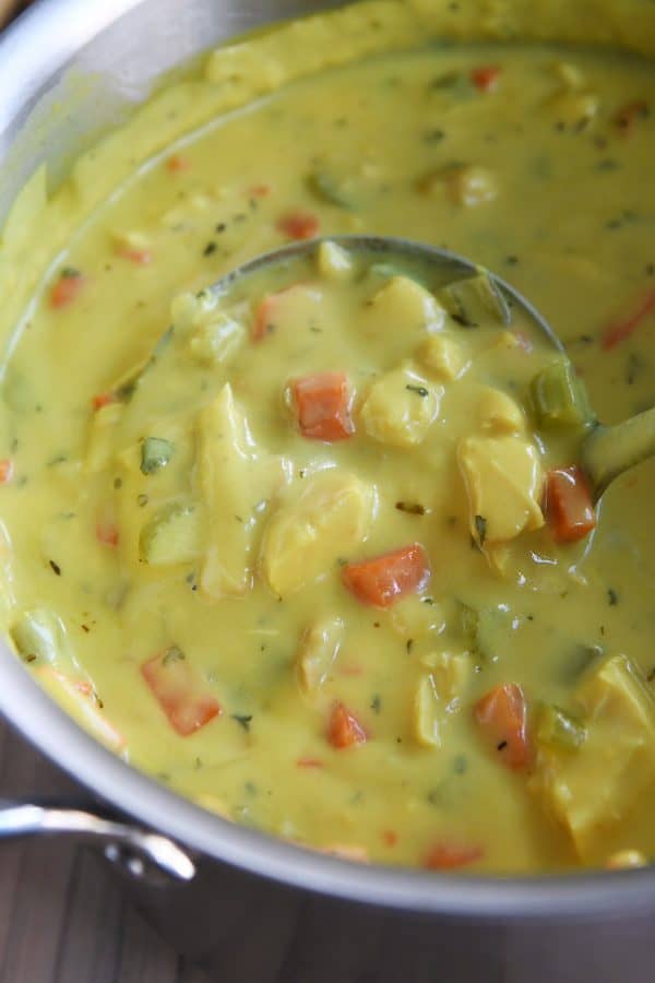 Ladle in pot with creamy chicken soup.