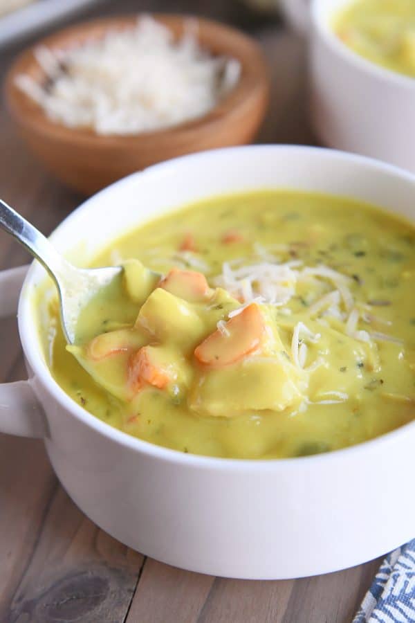 spoon dipping into white bowl of creamy chicken soup with parmesan on top