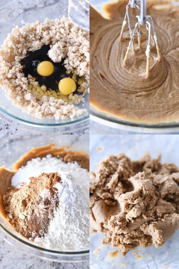 eggs, sugar and molasses in glass bowl; mixing gingerbread dough, adding spices and flour to gingerbread, gingerbread dough