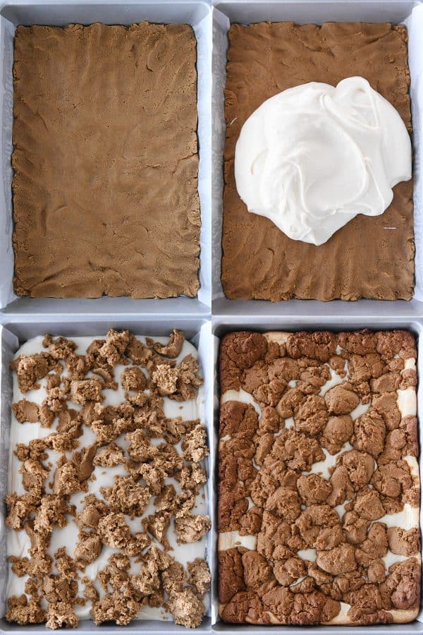 Gingerbread dough pressed in 9X13-inch pan; cheesecake batter on gingerbread dough, crumbled gingerbread on cheesecake batter, baked gingerbread bars.