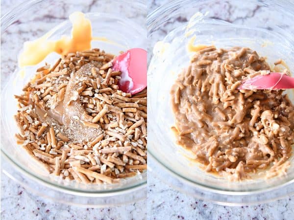 pretzel sticks mixed with caramel in glass bowl