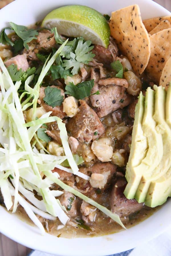 pork, hominy, cilantro, avocado, cabbage