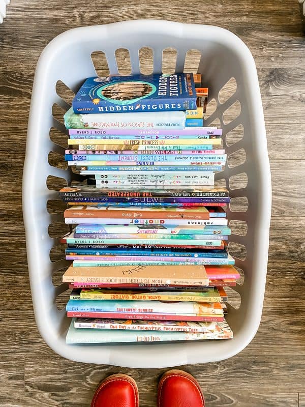 gray basket full of diversity books