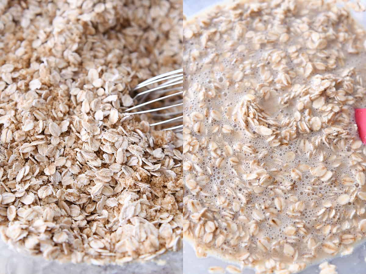 Oats, brown sugar, eggs and milk in mixing bowl.