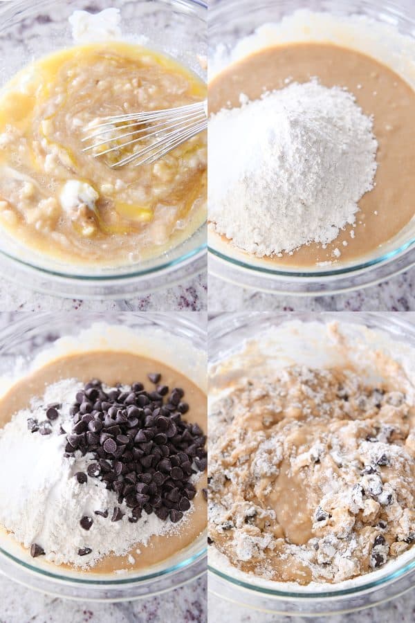 Mixing together batter for peanut butter banana bread with chocolate chips.