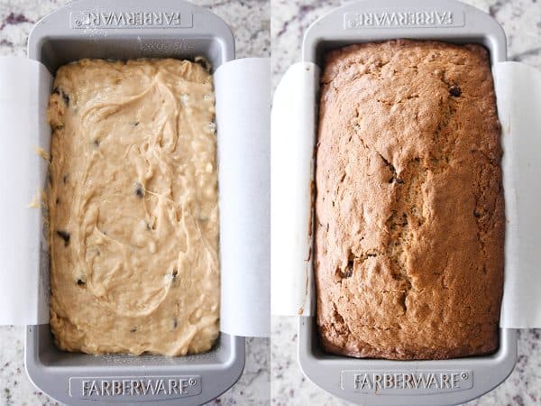 Loaf pan with banana bread batter; loaf pan with baked banana bread.