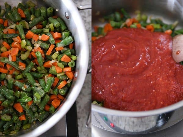 Pan of green beans, carrots and onions; another pan of crushed tomatoes in pan with vegetables.