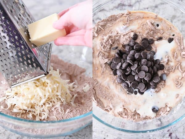 Grating butter into flour and cocoa powder.