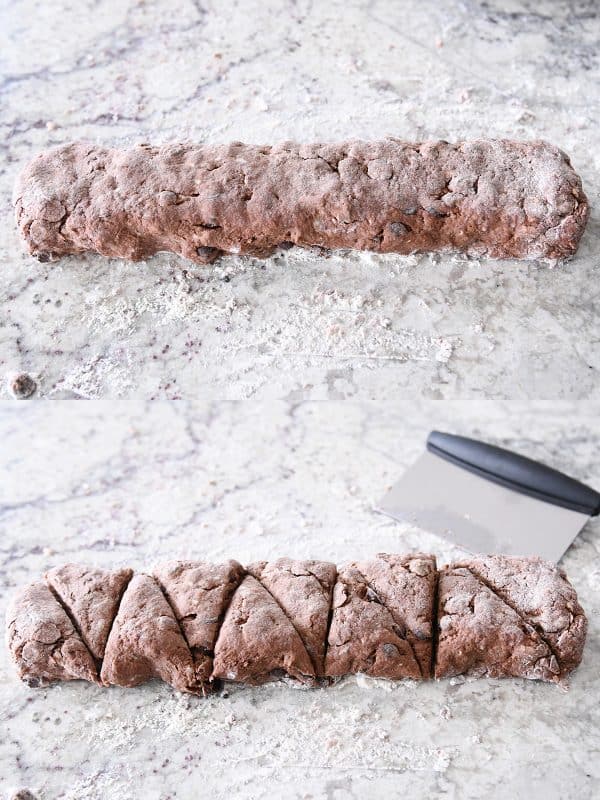 Shaping chocolate scones and cutting chocolate scones into triangles.