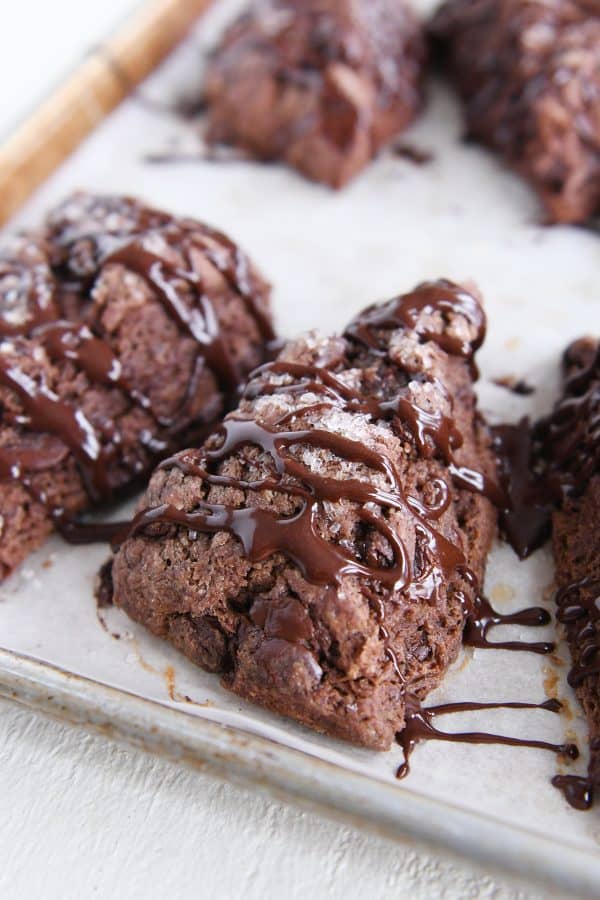 Glazed chocolate scone on sheet pan.