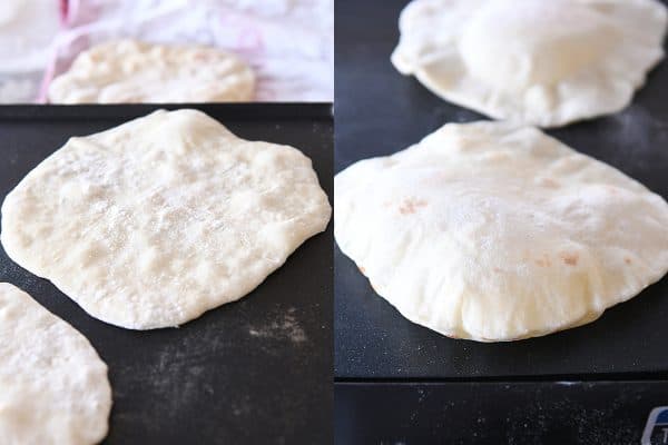 Cooking flatbread on hot griddle.