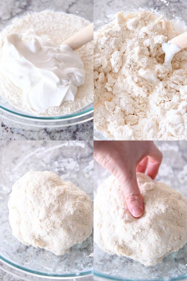 step by step collage of stirring yogurt into dry ingredients, mixing flatbread dough, pressing thumb into ball of dough