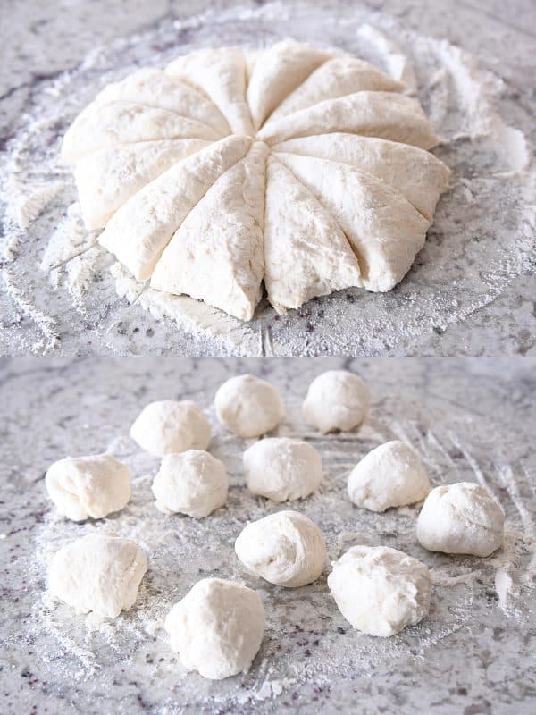 Cutting ball of flatbread dough into triangles and then rolling into 12 balls.