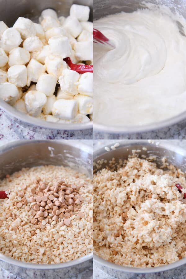 collage of making rice krispies: melting marshmallows and butter, adding rice krispies, mixing in butterscotch chips