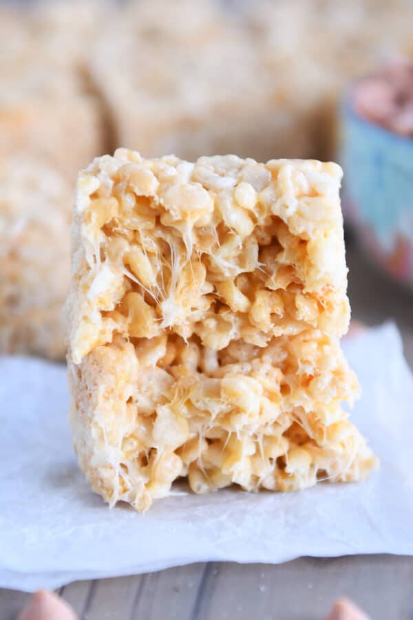 Butterscotch rice krispie in half and stacked.