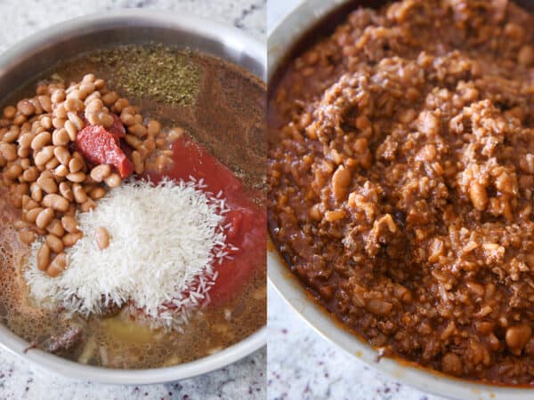 Pinto beans, rice, tomato paste, broth, sauce, seasonings in skillet for floating taco bowls recipe.