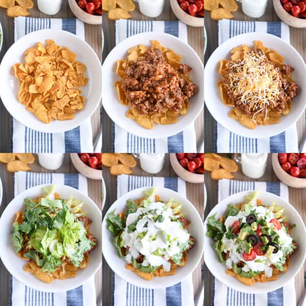 Step by step topping guide for floating taco bowls recipe.