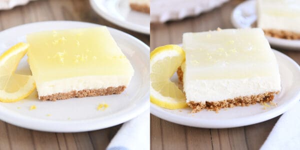 Side by side pictures of lemon white chocolate cream bars with yellow food coloring and without.