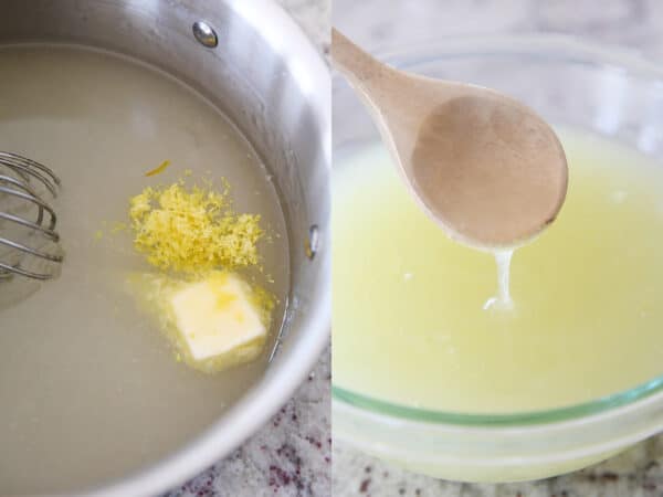 Making lemon topping for cream bars with lemon zest and butter in stainless pan.