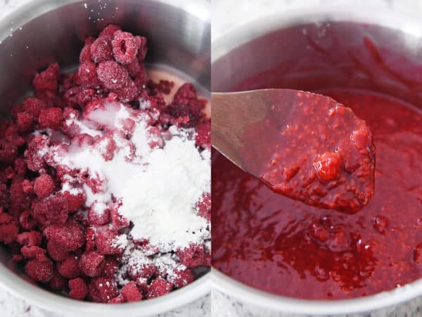 Cooking raspberries, sugar and cornstarch until thick in stainless steel saucepan.