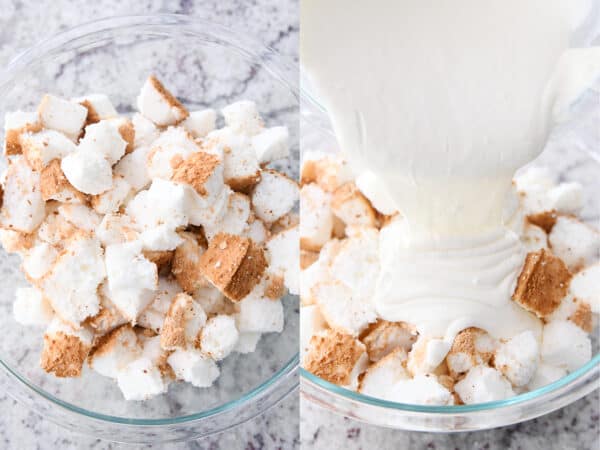 Pouring cream cheese mixture over cubed angel food cake in glass bowl.