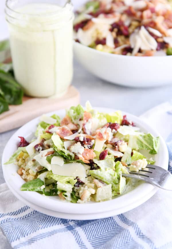 White plate with fork and romaine lettuce, craisins, bacon, parmesan, and fresh basil dressing.