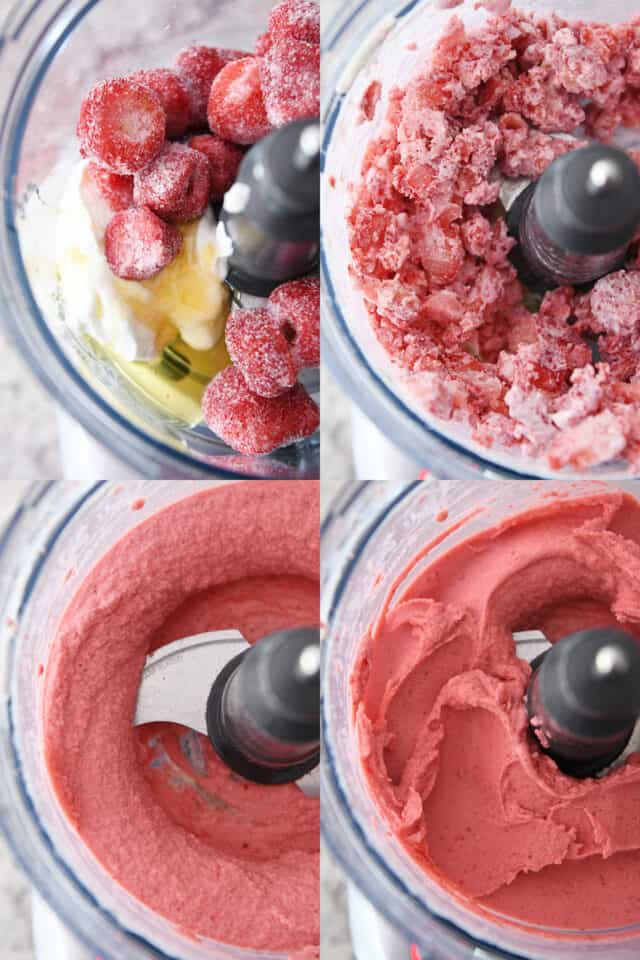 Frozen strawberries, honey, yogurt in a food processor, mixing ingredients until smooth in a food processor