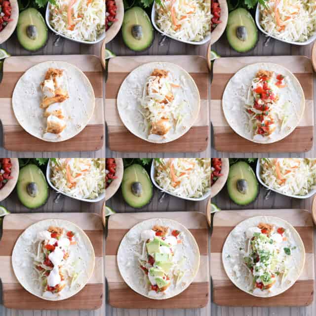 Assembling fish tacos on wood cutting board.