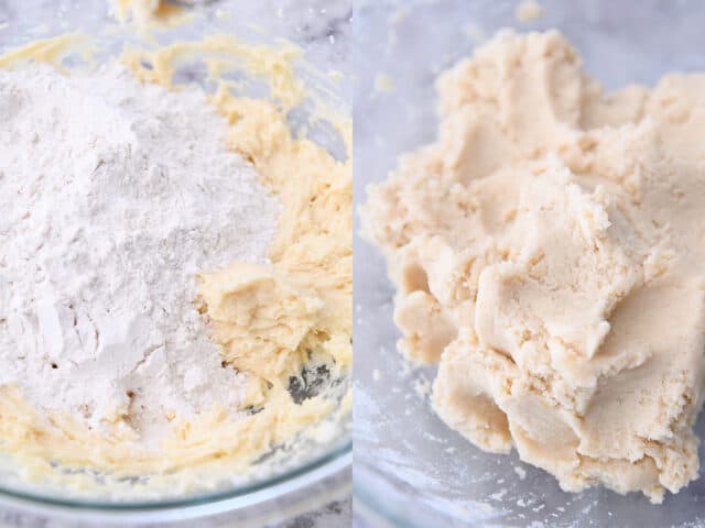 Dry ingredients added to sugar cookie dough and mixed until smooth.