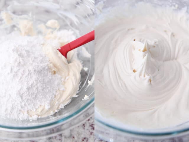 Powdered sugar added to glass bowl of cream cheese frosting and then mixed until creamy.