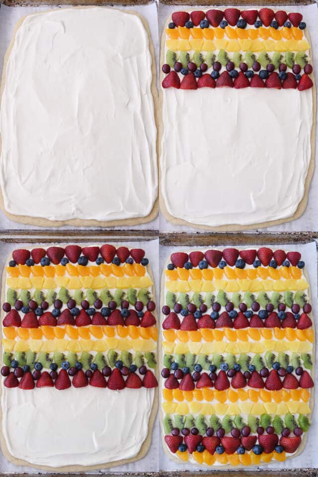 Assembling rows of fresh fruit on fruit pizza crust.