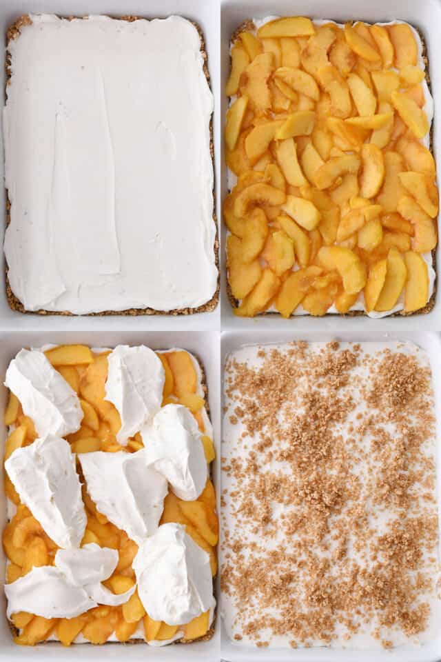 Assembling peaches and cream dessert, cream spread on graham cracker crust, sliced peaches on cream layer, dollops of cream on fresh peaches, crumbled graham cracker crumbs on top.