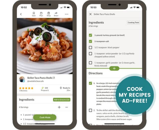 IPhone Mockup with screenshots of recipes; Cook My Recipes Ad-Free!