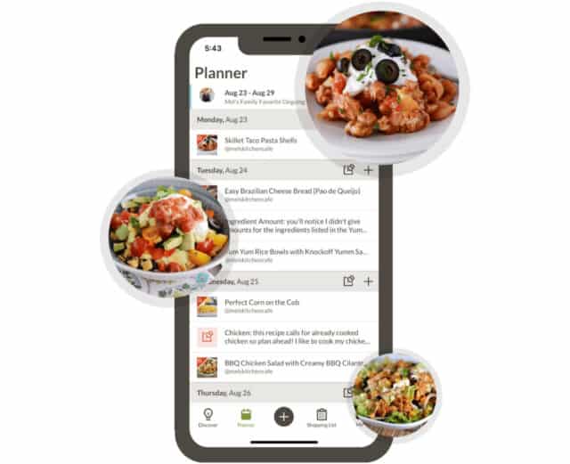 iPhone screenshot of Planner screen, with recipe photos in circular bubbles