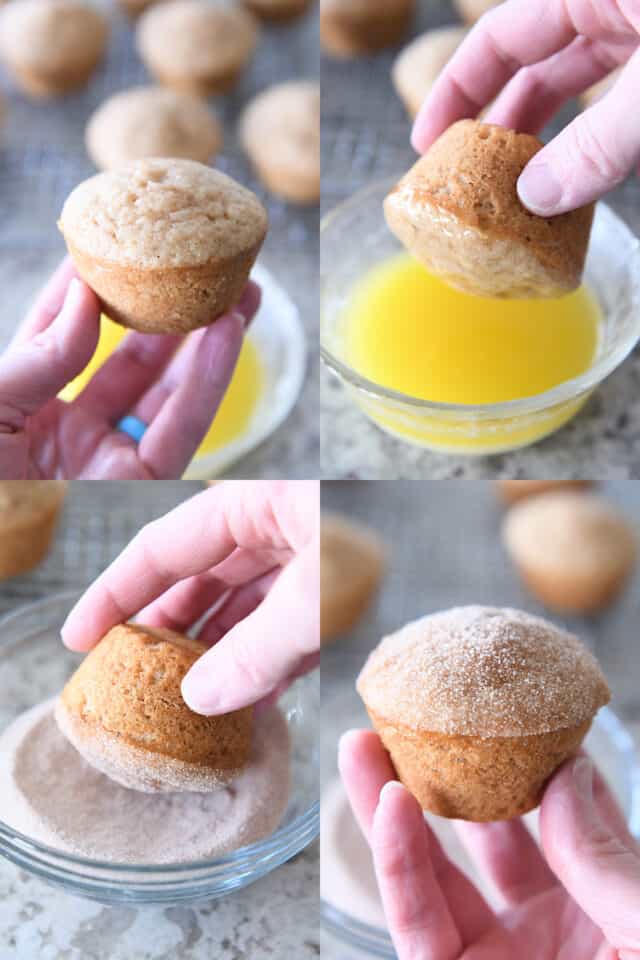 dipping baked muffin into butter and then dipping in cinnamon and sugar