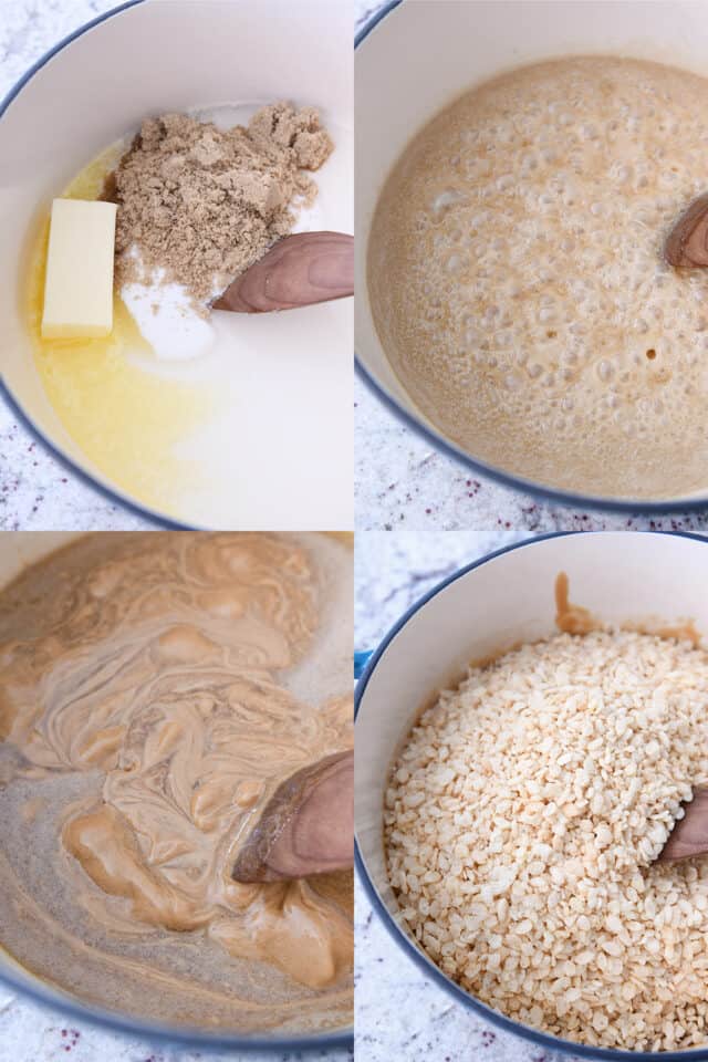 step by step pictures making scotcheroos; pan with butter, brown sugar and karo syrup, boiling syrup, stirring in peanut butter, adding rice krispies