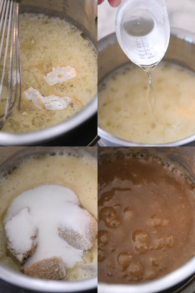 Making sauce for apple pie, cooking butter and flour, adding water, adding sugar, simmering until thick.