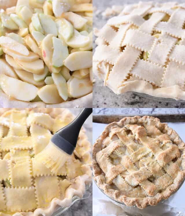 Putting apples in pie crust, crimping edges of pie crust, brushing pie crust with egg yolk, baked apple pie.