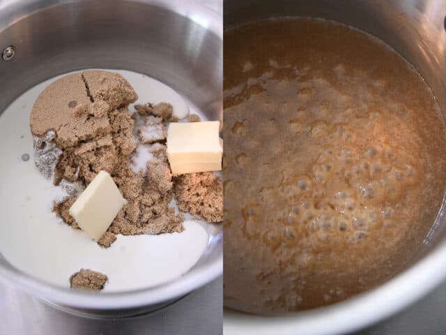 Step-by-step making butterscotch sauce, simmering cream, butter and brown sugar in saucepan.