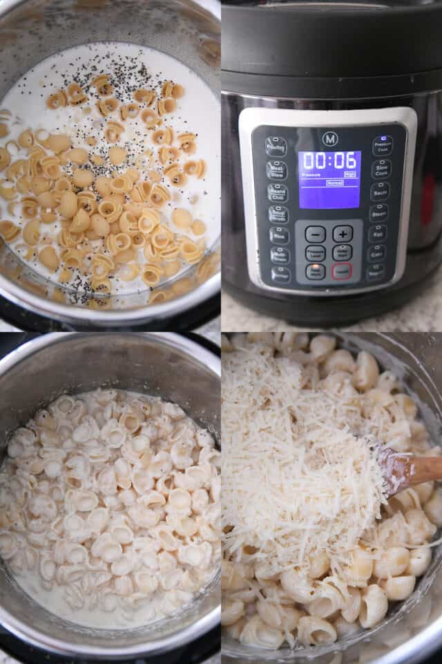 Adding pasta shells to milk in pressure cooker, setting time to six minutes on pressure cooker, cooked pasta in pressure cooker, adding parmesan cheese to pasta in pressure cooker.