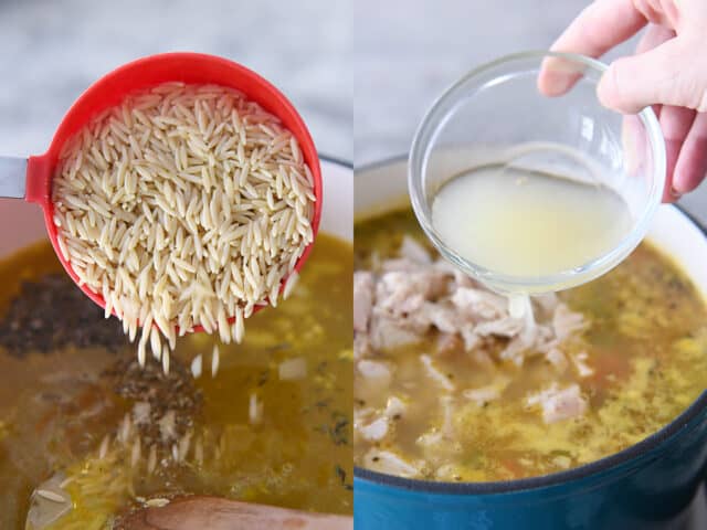 pouring orzo pasta into soup, adding lemon juice into soup pot