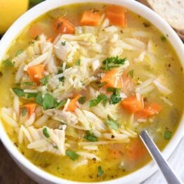 white bowl with handles filled with lemon chicken orzo soup