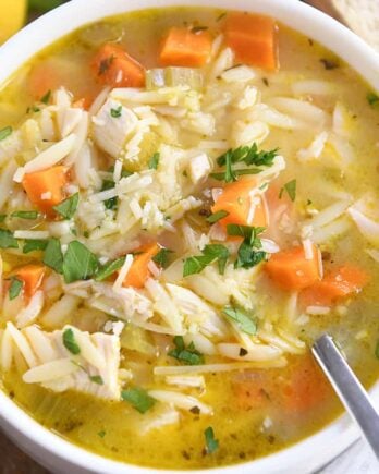 white bowl with handles filled with lemon chicken orzo soup