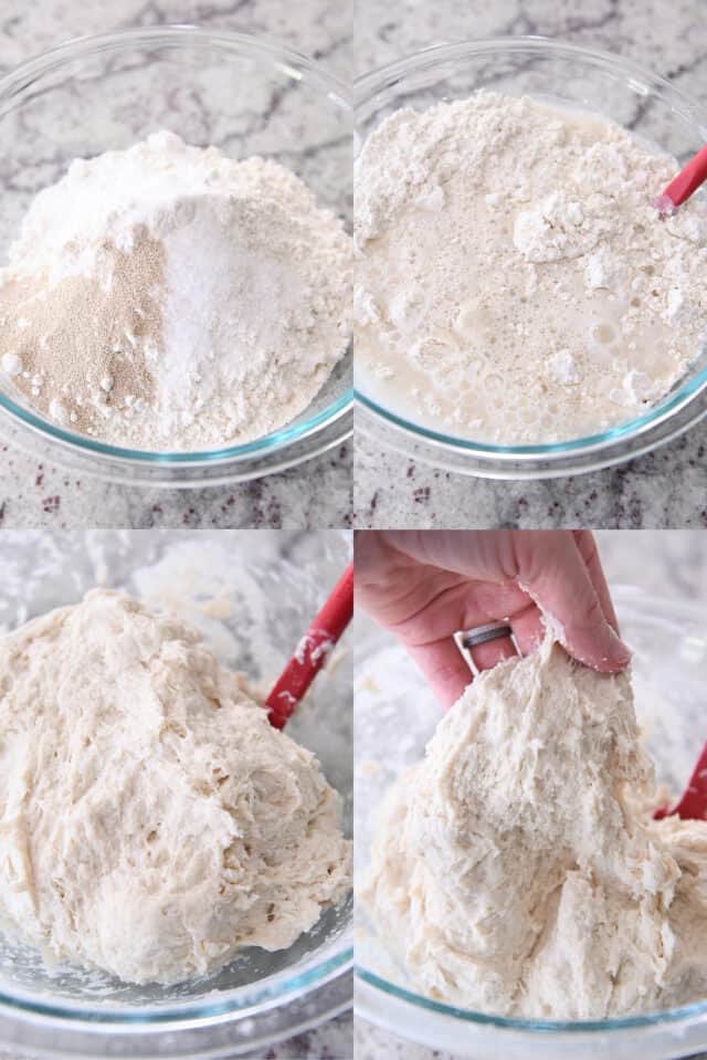 mixing dry ingredients and water in glass bowl for peasant bread