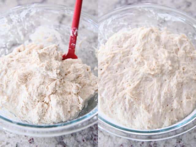 Mixing wet dough for no-knead peasant bread.