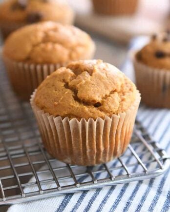 sourdough pumpkin muffin in brown paper liner on metal cooling rack