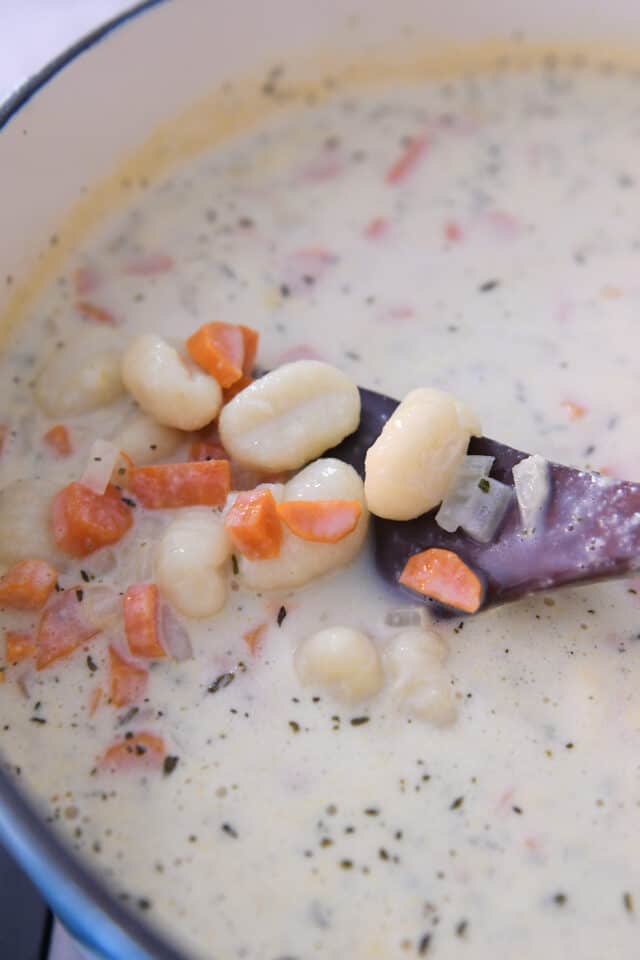 Adding gnocchi to pot of soup.