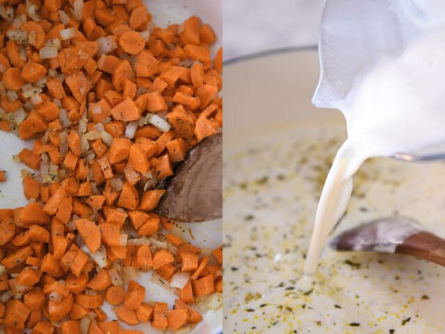 Cooking carrots and onions in pot, adding milk and flour to pot to thicken soup.